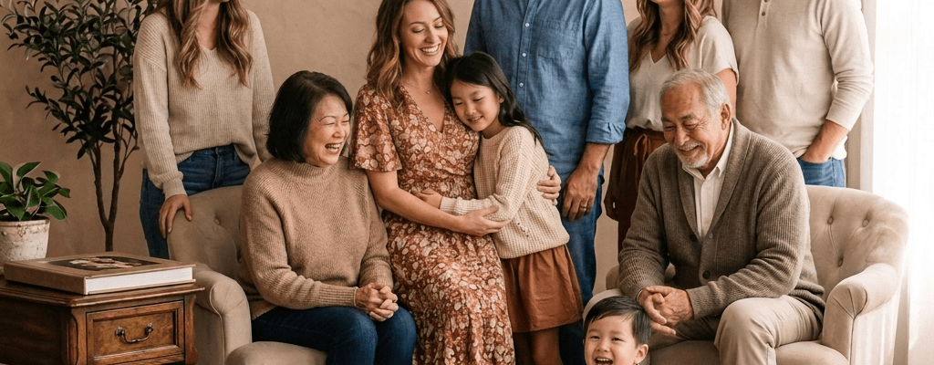 Smiling family of four standing on a dirt path in a grassy field with trees